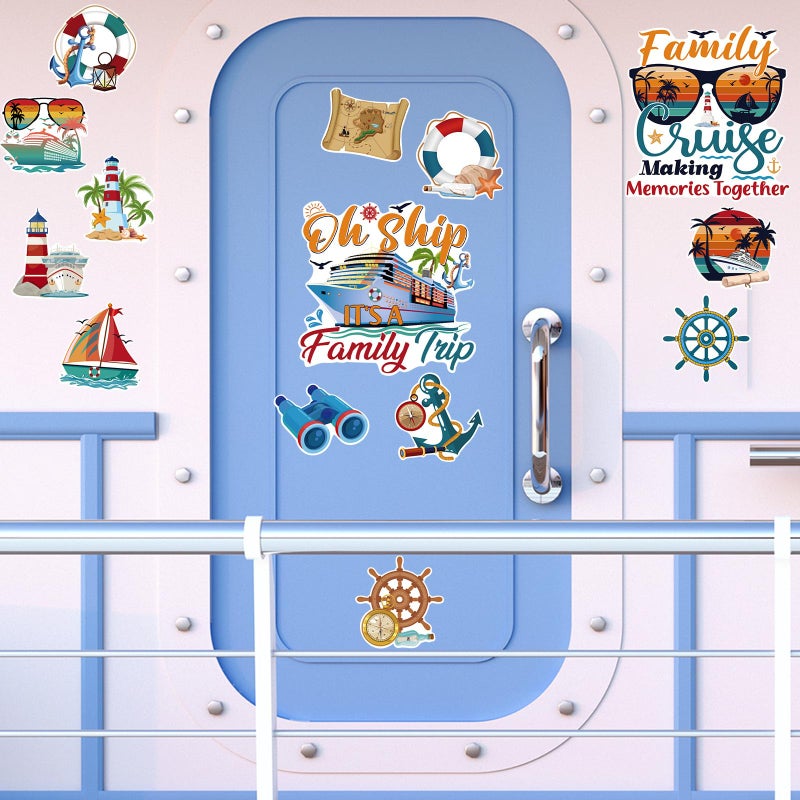 Wxiben Family Cruise Door Magnets - 14PCS Retro Family Trip Cruise Door Decorations Magnetic Palm Tree Sunset Anchor Cruise Ship Door Decorations Magnets Stickers for Carnival Party Stateroom Cabin - Image 3