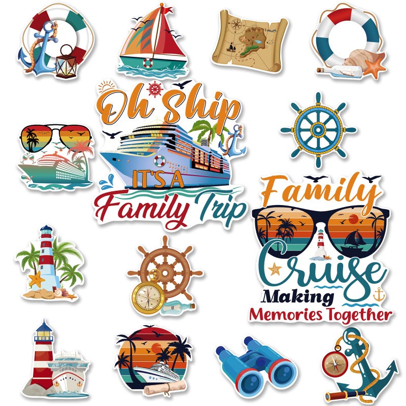 Wxiben Family Cruise Door Magnets - 14PCS Retro Family Trip Cruise Door Decorations Magnetic Palm Tree Sunset Anchor Cruise Ship Door Decorations Magnets Stickers for Carnival Party Stateroom Cabin - Image 1