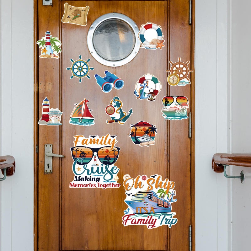 Wxiben Family Cruise Door Magnets - 14PCS Retro Family Trip Cruise Door Decorations Magnetic Palm Tree Sunset Anchor Cruise Ship Door Decorations Magnets Stickers for Carnival Party Stateroom Cabin - Image 4