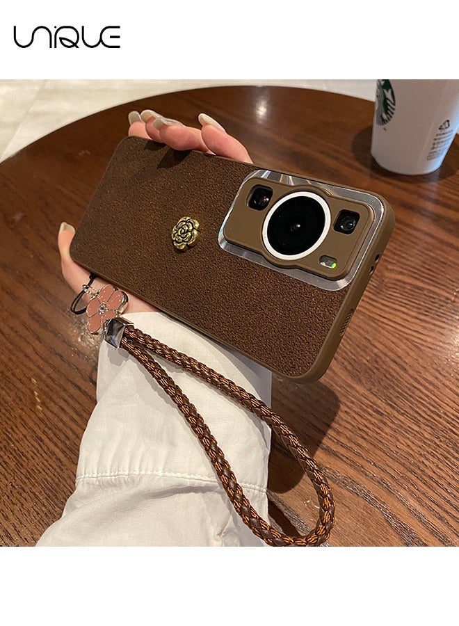 يونيك لهاتف هواوي P60 Pro 6.67 جراب - بني جلد حافظة هاتف - كاميليا جراب هاتف - حافظة هاتف مع حبل - حماية من السقوط والخدوش - Image 3