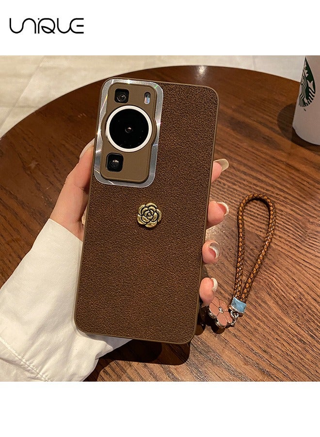 يونيك لهاتف هواوي P60 Pro 6.67 جراب - بني جلد حافظة هاتف - كاميليا جراب هاتف - حافظة هاتف مع حبل - حماية من السقوط والخدوش - Image 4