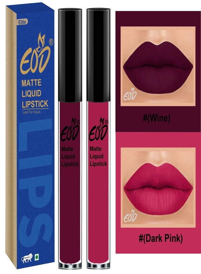 EOD® Elite Collection Long Lasting Waterproof 100% Vegan Made in India Matte Liquid Lipstick Combo of 2 Lip Gloss(Wine, Dark Pink) - Image 1