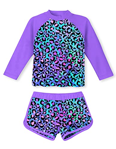 TUONROAD Girls Rash Guard Set Teens 2-Piece Swimsuit 6 7 Yrs Old Leopard Printed O Neck Long Sleeve Bikini with UPF 50+ Sun Protection for Pool Party Size 6 7 - Image 1