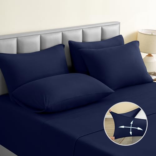 BYSURE Jersey Knit King Size Sheets Set 6 Pieces Stretch Super Soft and WrinkleFree Bed Sheets Spandex Blend with 18inch Deep Pocket Navy Blue