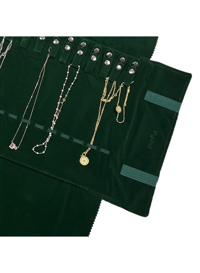 UnionPlus Velvet Travel Jewelry Roll Bag Organizer for Necklace, Elastic Band and Anti-winding, Large, Blackish Green - Image 4