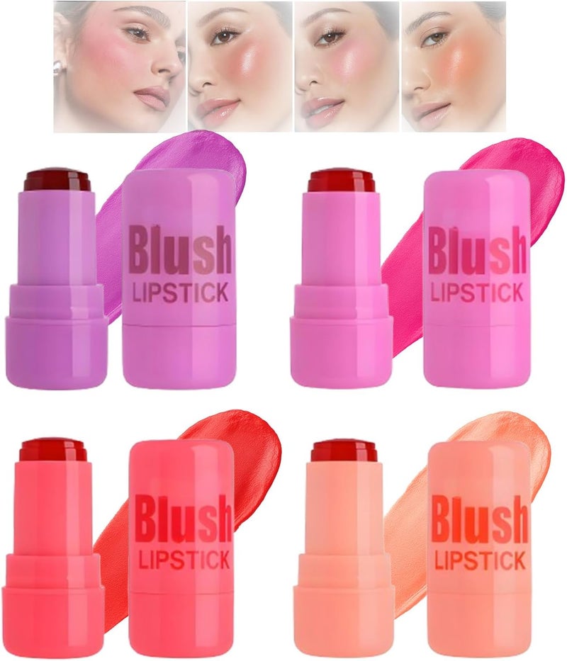 4 Pcs Jelly Blush Stick Set Hydrating Jelly Tint for Cheeks Lips Dewy Glass Skin Finish Blush Buildable Moisturizing Multicolor Makeup Trio Beauty Gift Kit for Daily Use