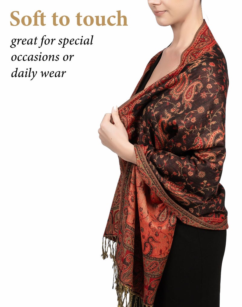 Achillea شال باهظ من الباشمينا القابل للعكس بتصميم بايسلي الناعم والحريري مع أطراف (أسود أحمر) - Image 4