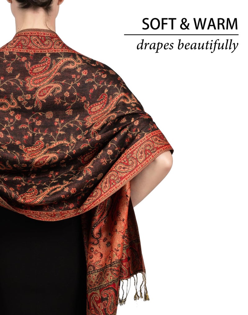 Achillea شال باهظ من الباشمينا القابل للعكس بتصميم بايسلي الناعم والحريري مع أطراف (أسود أحمر) - Image 5