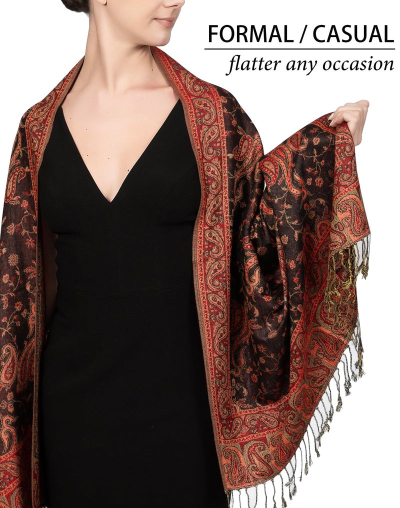 Achillea شال باهظ من الباشمينا القابل للعكس بتصميم بايسلي الناعم والحريري مع أطراف (أسود أحمر) - Image 3