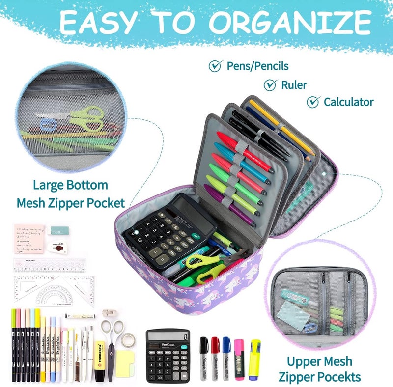 Vaschy Large Pencil Case, Art Color Pencils Pouch with Detachable Layers Multiple Zip Pockets for School Office Stationary Organization Purple Unicorn - Image 4