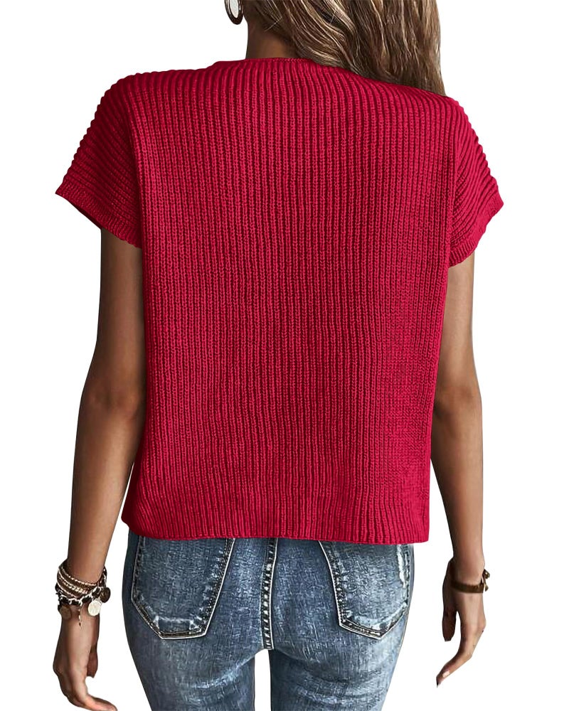 KIRUNDO Spring Summer Short Sleeve Sweater for Women 2026 Casual Sweater Vest Cotton Knit Pullover Tank Tops Fashion Clothing(Red, Large) - Image 2