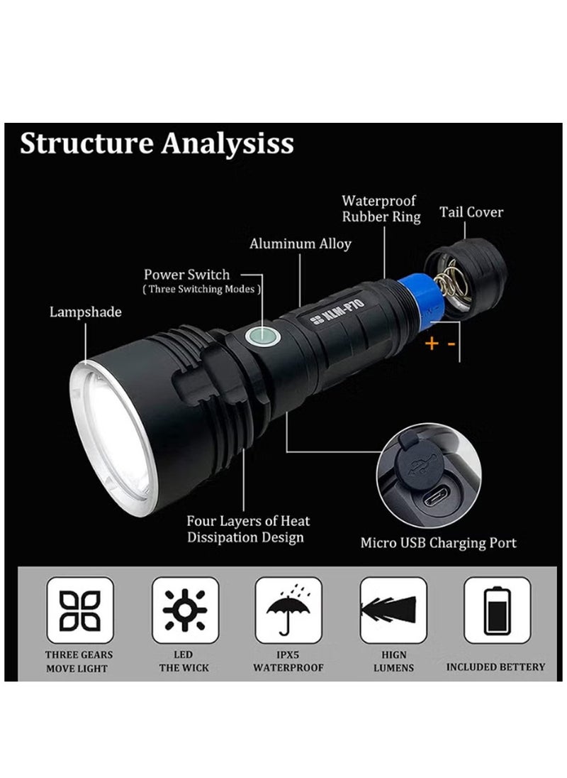 Arabest - 3000 -10000 Lumen High Power LED Waterproof Flashlight Lamp Ultra Bright 3 Mode Most Powerful 50W XLM-P70 LED USB Rechargeable Flashlight Torch 2 Lithium Battery - Image 1