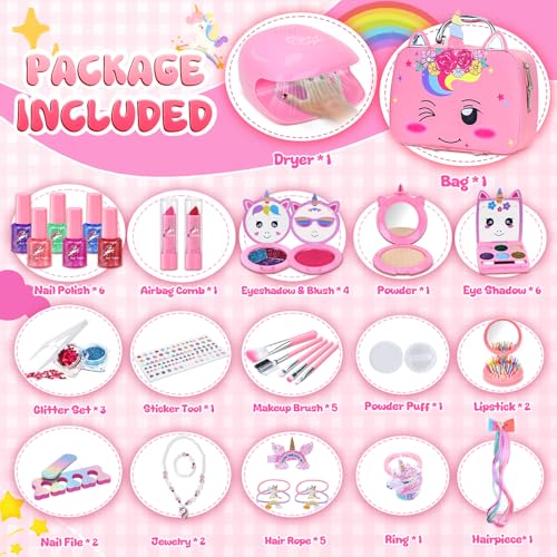 PERRYHOME Kids Makeup Kit for Girl NonToxic Kids Nails Set for Girls with Nail Dryer Unicorn Real Washable Cosmetic Set 2026 New Princess Toys Birthday Gifts for Girls for 3 4 5 6 7 8 Year Old - Image 5