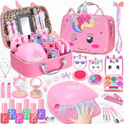 PERRYHOME Kids Makeup Kit for Girl NonToxic Kids Nails Set for Girls with Nail Dryer Unicorn Real Washable Cosmetic Set 2026 New Princess Toys Birthday Gifts for Girls for 3 4 5 6 7 8 Year Old - Image 1