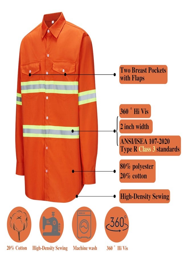 Ousafeve Class 3 Hi Vis Button Up Safety Work Shirts for Men Reflective, Orange_long, M - Image 2