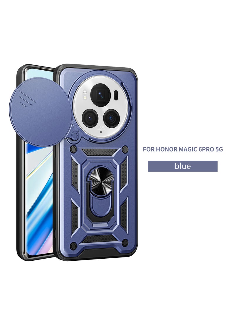 Phone Case Cover for Honor Magic 6 Pro 5G, Slide Camera Lens Cover + 360°Rotating Kickstand Ring + Support Magnetic Car Mount Shockproof Mobile Phone Case