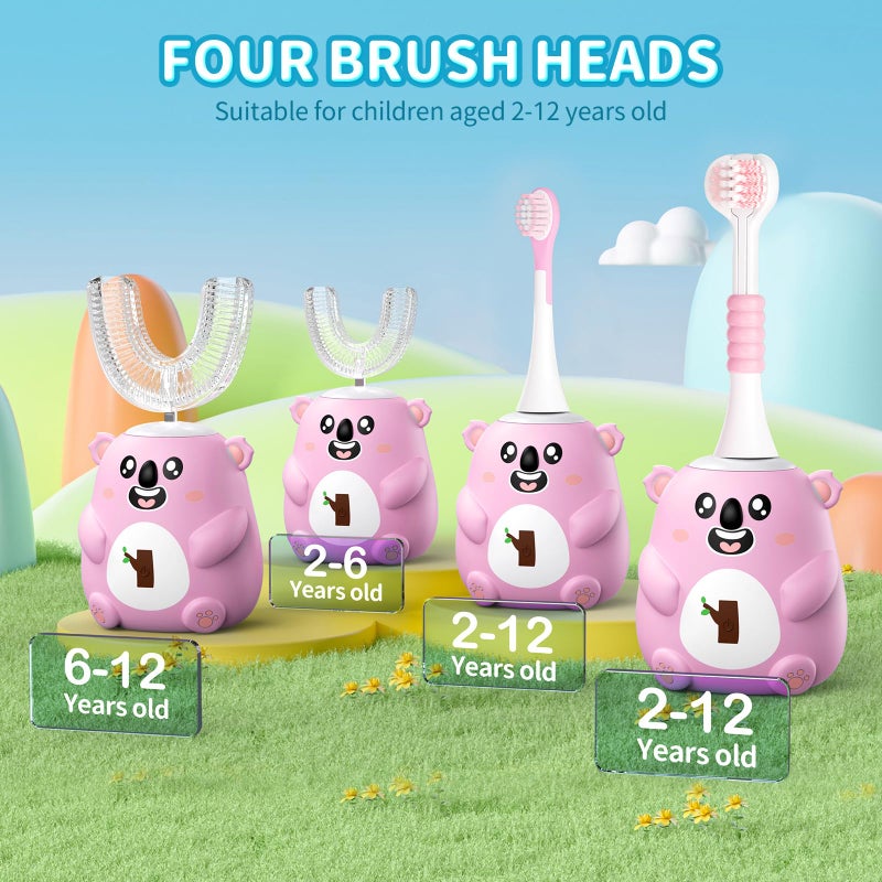 QDCYP Kids U Shaped Electric Toothbrush, Automatic 360Â° Sonic Cleaning, 6 Modes, 4 Brush Heads, Cute Cartoon Koala Design (6-12 Age (Pink)) - Image 2