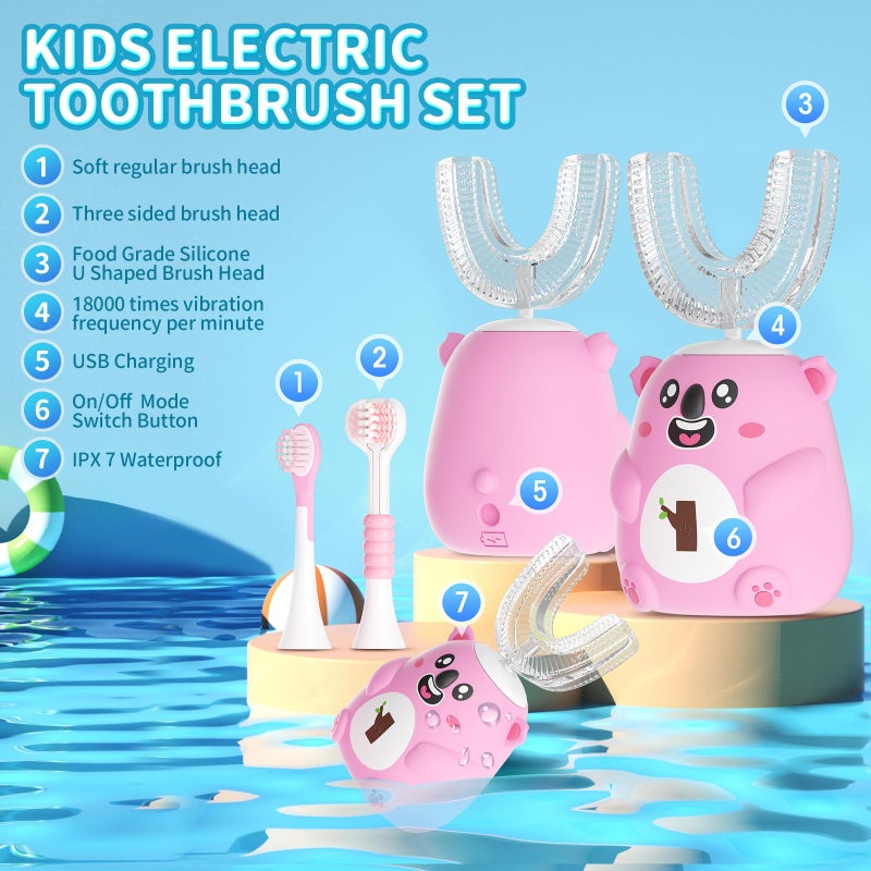 QDCYP Kids U Shaped Electric Toothbrush, Automatic 360Â° Sonic Cleaning, 6 Modes, 4 Brush Heads, Cute Cartoon Koala Design (6-12 Age (Pink)) - Image 5