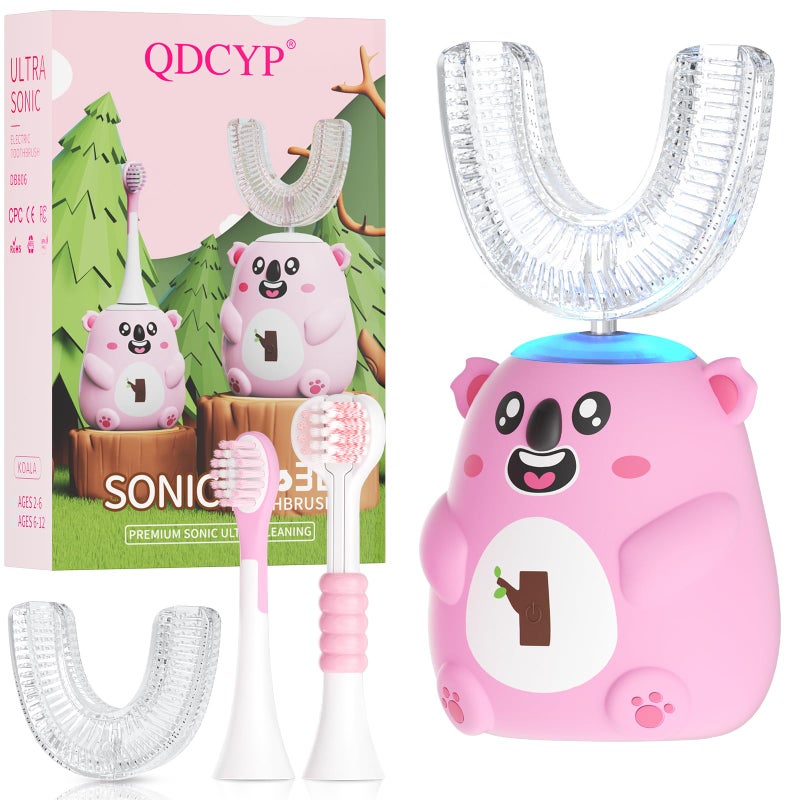 QDCYP Kids U Shaped Electric Toothbrush, Automatic 360Â° Sonic Cleaning, 6 Modes, 4 Brush Heads, Cute Cartoon Koala Design (6-12 Age (Pink)) - Image 1