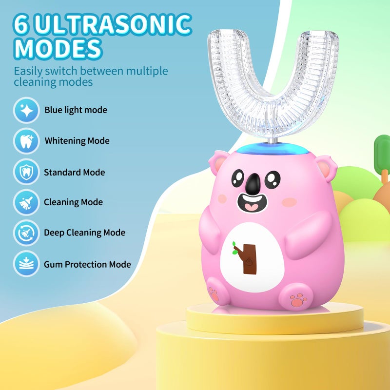 QDCYP Kids U Shaped Electric Toothbrush, Automatic 360Â° Sonic Cleaning, 6 Modes, 4 Brush Heads, Cute Cartoon Koala Design (6-12 Age (Pink)) - Image 3