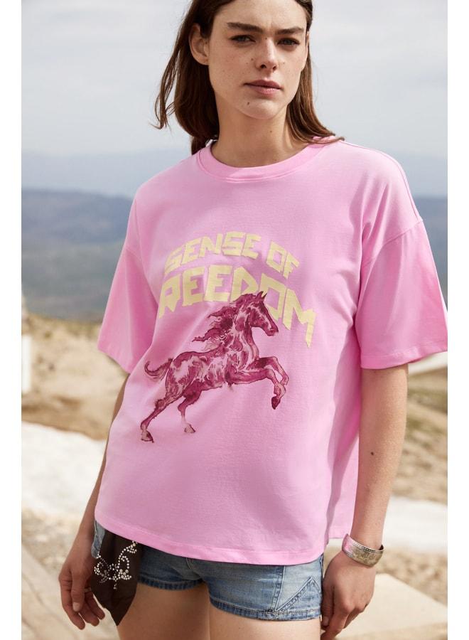 GRIMELANGE IRATI Women's Soft Fabric 100% Organic Cotton Printed Detailed Oversized Pink T-Shirt. - Image 1