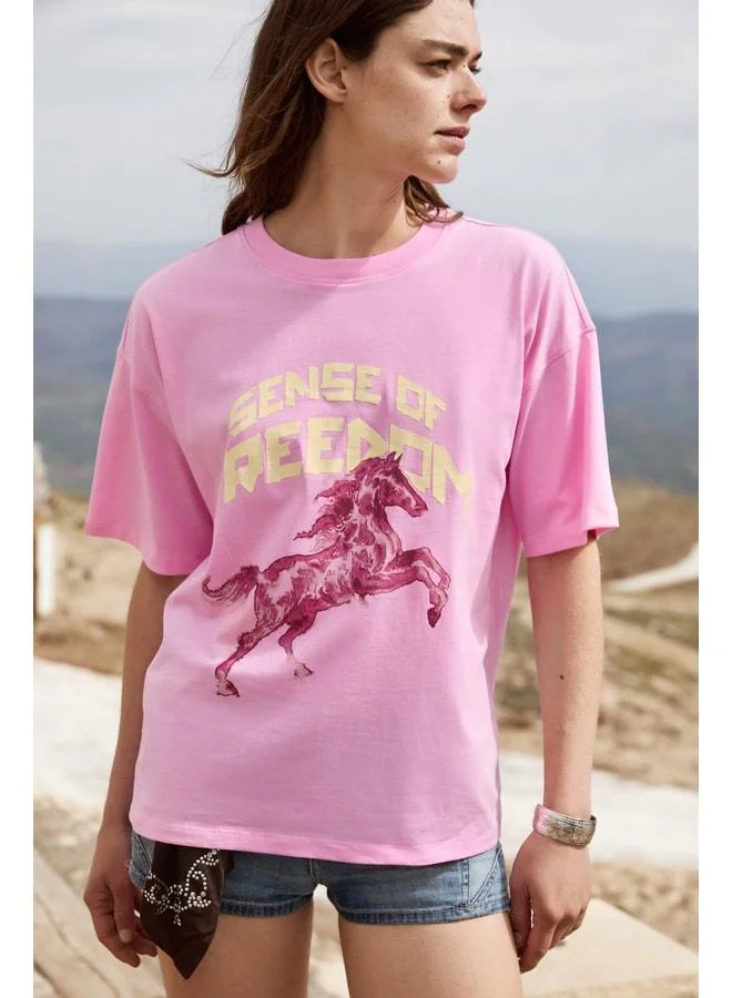 GRIMELANGE IRATI Women's Soft Fabric 100% Organic Cotton Printed Detailed Oversized Pink T-Shirt.