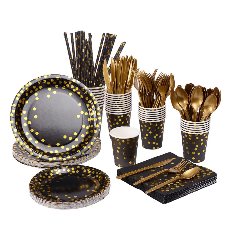 YAOSHENG 201 Golden Dot Disposable Party Dinnerware  Black  Gold Paper Plates Napkins Cups Gold Plastic Forks Knives Spoons for Graduation Birthday Cocktail Party