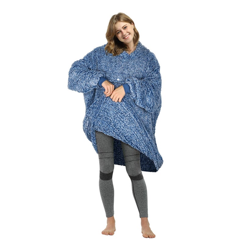 Catalonia Catalonia Oversized Wearable Blanket Hoodie Sweatshirt  Fluffy Sherpa Lounging Pullover for Men Women Wife Girlfriend  Gift for Her Ombre Blue  - Image 3