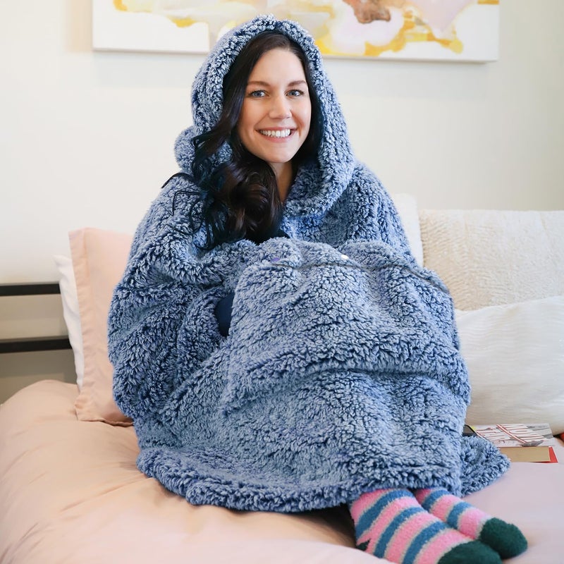 Catalonia Catalonia Oversized Wearable Blanket Hoodie Sweatshirt  Fluffy Sherpa Lounging Pullover for Men Women Wife Girlfriend  Gift for Her Ombre Blue  - Image 2