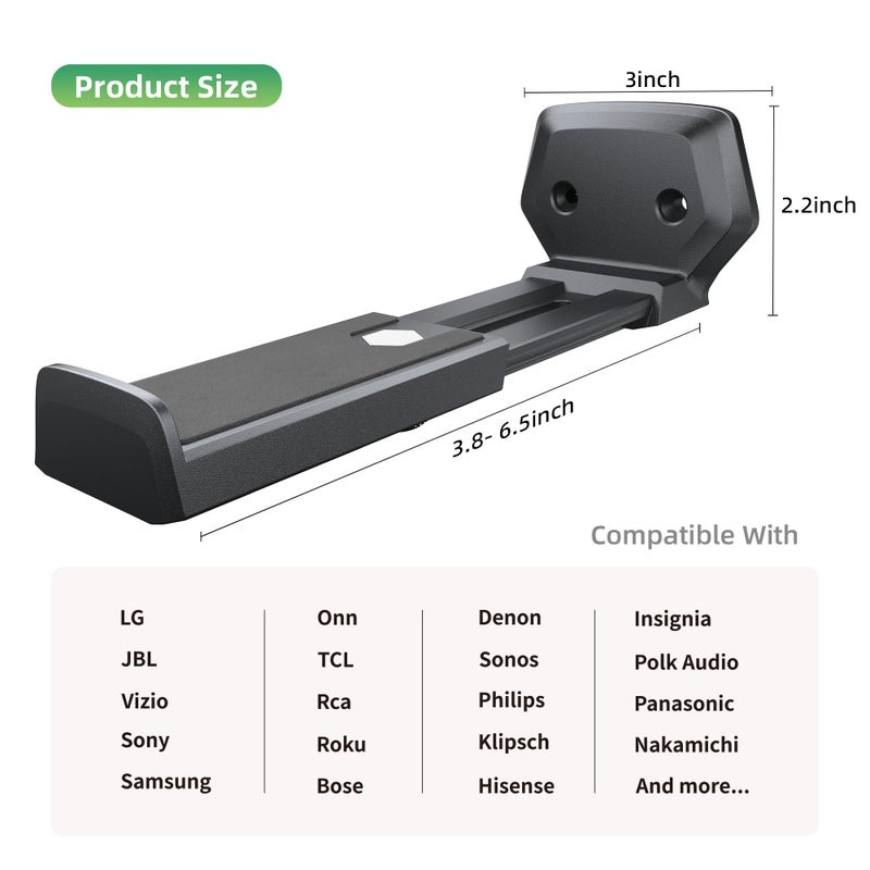 ELETIUO Soundbar Wall Mount Bracket,Depth Adjustable 3.8-6.5 inch,Universal Sound Bar Mount Under TV for Samsung, Sony, LG, Vizio, Bose, JBL, Sonos, Holds up to 50 lbs,Black - Image 4