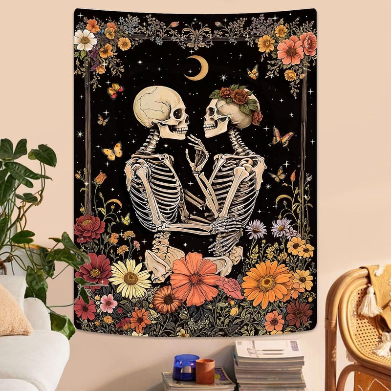 Kanuyee Skeleton Lovers Tapestry Floral Wall Art Tapestries Gothic Romance Room Decor Aesthetic Wall Hanging for Bedroom Dorm Living Room Unique Couple Art 36x48 Inch - Image 1