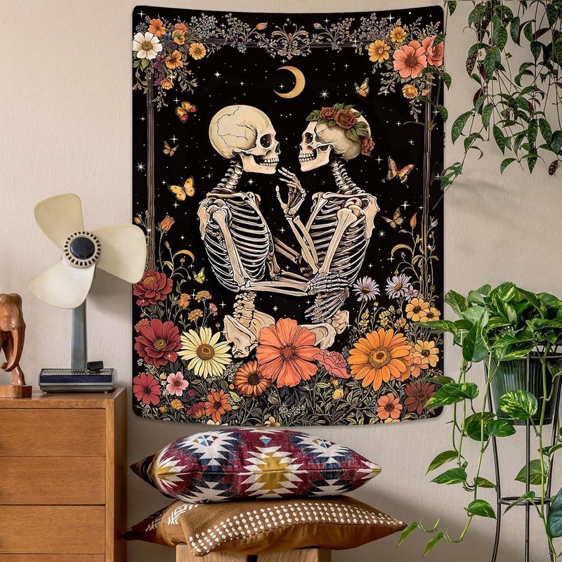 Kanuyee Skeleton Lovers Tapestry Floral Wall Art Tapestries Gothic Romance Room Decor Aesthetic Wall Hanging for Bedroom Dorm Living Room Unique Couple Art 36x48 Inch - Image 3