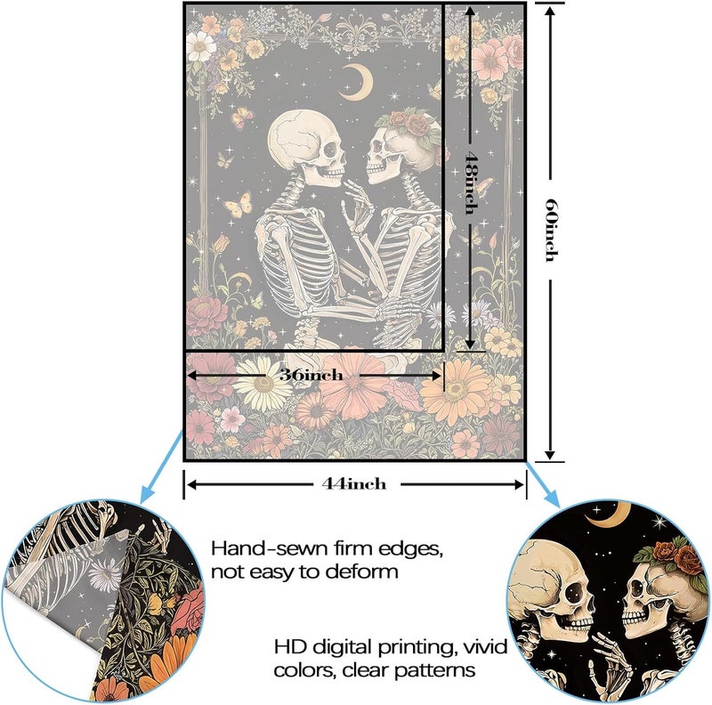 Kanuyee Skeleton Lovers Tapestry Floral Wall Art Tapestries Gothic Romance Room Decor Aesthetic Wall Hanging for Bedroom Dorm Living Room Unique Couple Art 36x48 Inch - Image 5