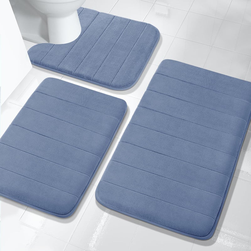 Yimobra 3 Pieces Memory Foam Bath Mat Sets 315 x 198  17x24 and UShaped for Bathroom Rugs Toilet Mats NonSlip Soft Comfortable Water Absorption Machine Washable Denim Blue