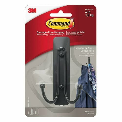 Command Large Wall Hooks Damage Free Hanging Wall Hooks with Adhesive Strips No Tools Double Wall Hooks for Hanging Decorations in Living Spaces 1 Black Colored Hook and 1 Strip - Image 1