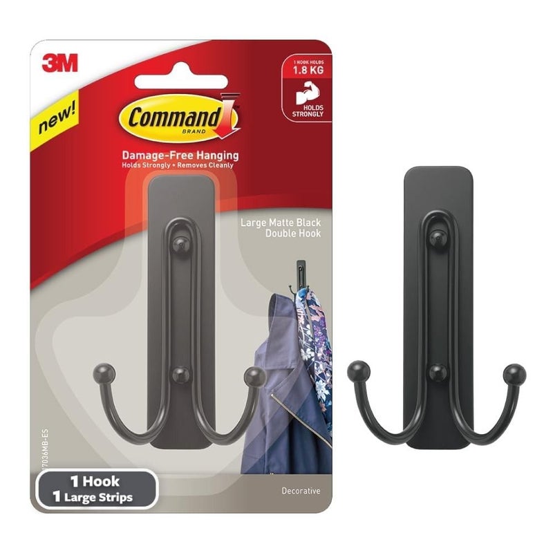 Command Large Wall Hooks Damage Free Hanging Wall Hooks with Adhesive Strips No Tools Double Wall Hooks for Hanging Decorations in Living Spaces 1 Black Colored Hook and 1 Strip - Image 3