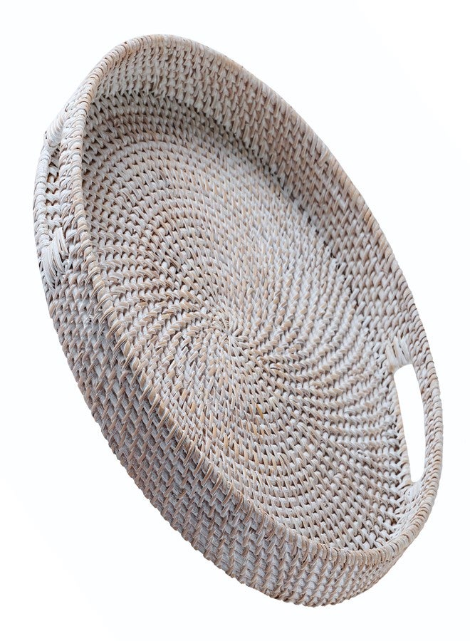Jungle Culture Large Rattan Serving Tray 14" in Whitewash • Woven Serving Trays with Handles for Home • Round Dining Table Tray • Wicker Serving Basket - Image 1