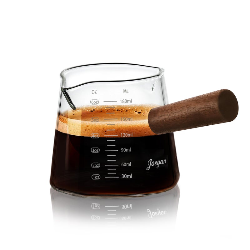 Joeyan 6 oz Glass Measuring Cup with Double Spouts,Borosilicate Espresso Shot Glasses with Wooden Handle,Claer Measuring Triple Milk Frothing Pitcher for Coffee Tea - Image 1