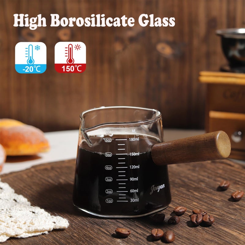 Joeyan 6 oz Glass Measuring Cup with Double Spouts,Borosilicate Espresso Shot Glasses with Wooden Handle,Claer Measuring Triple Milk Frothing Pitcher for Coffee Tea - Image 2