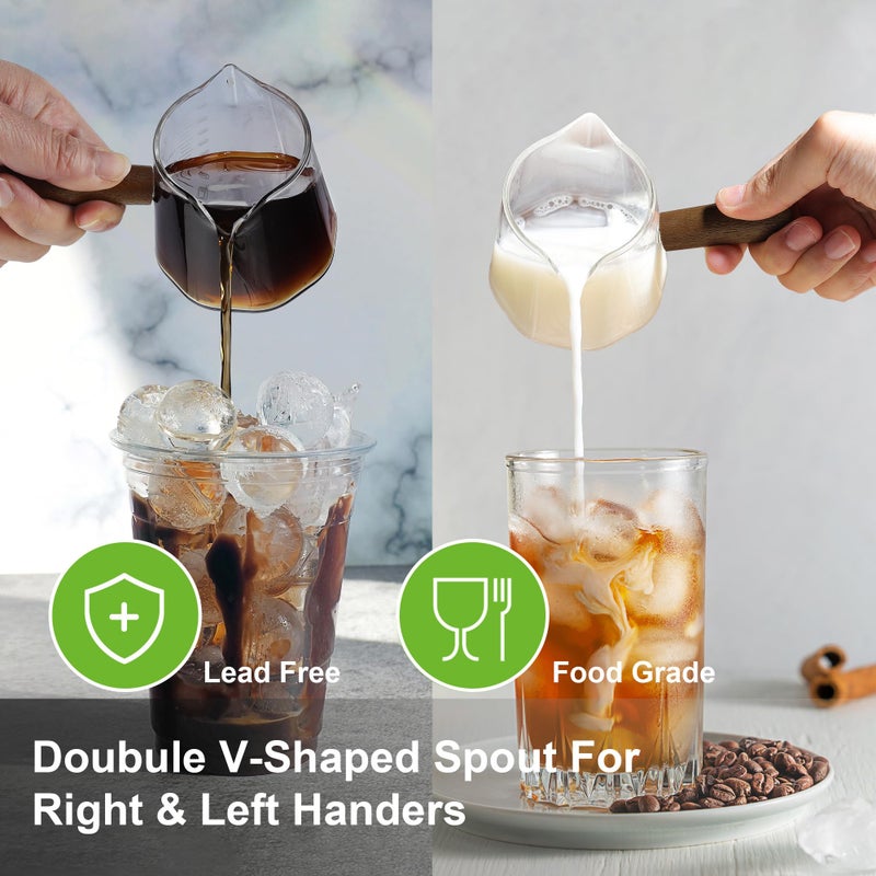 Joeyan 6 oz Glass Measuring Cup with Double Spouts,Borosilicate Espresso Shot Glasses with Wooden Handle,Claer Measuring Triple Milk Frothing Pitcher for Coffee Tea - Image 4