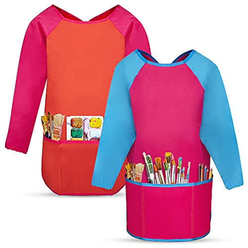 Playkidiz Kids Smock Paint Shirt Set of 2 Preschool Artist Aprons Painting Coat OrangePink - Image 1
