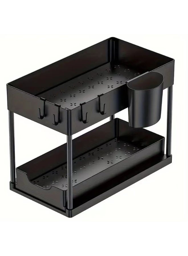 سلة تخزين منزلقة قابلة للسحب ذات طبقتين، وحدة رفوف متعددة الأغراض للاستخدام في المطبخ والحمام والمكتب، رف تخزين مثبت على الحوض (أسود) - Image 2