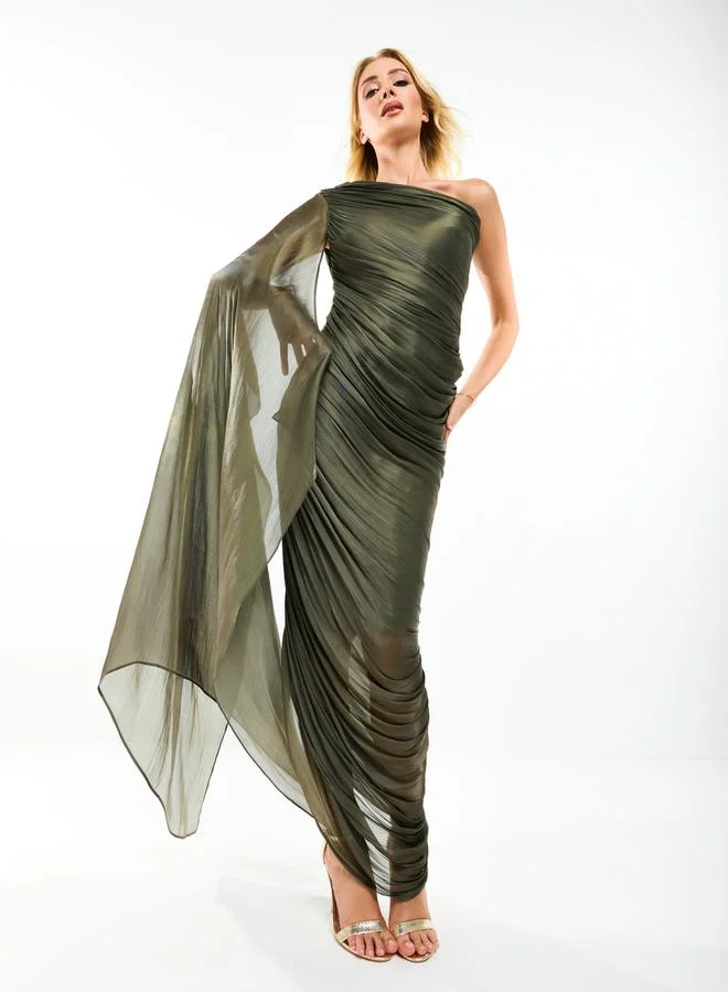 House of Moda One Shoulder Drape Sleeve Gathered Bodycon Maxi Dress by Styli