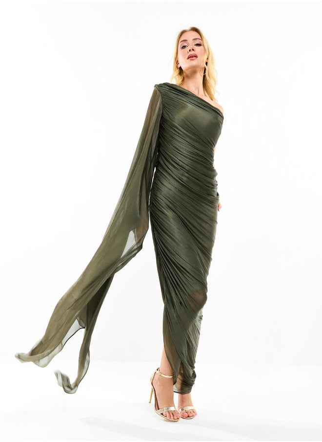 House of Moda - One Shoulder Drape Sleeve Gathered Bodycon Maxi Dress by Styli - Image 1