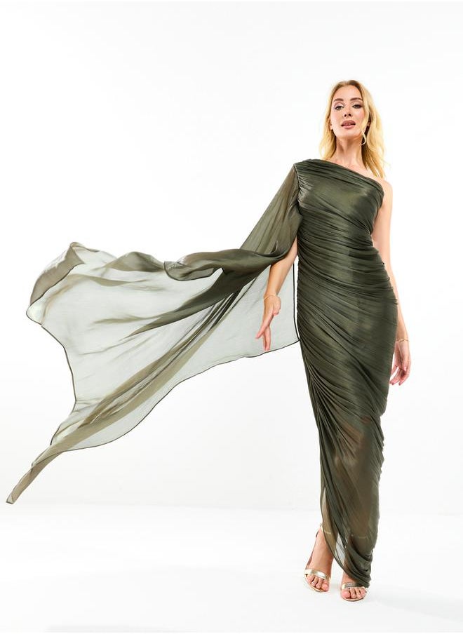 House of Moda - One Shoulder Drape Sleeve Gathered Bodycon Maxi Dress by Styli - Image 1