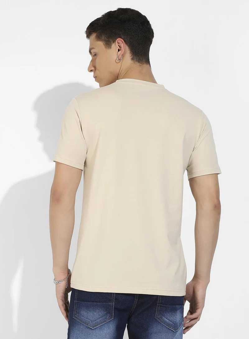 Campus Sutra Men's Beige Basic Regular Fit T-Shirt
