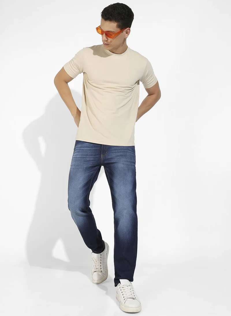 Campus Sutra Men's Beige Basic Regular Fit T-Shirt