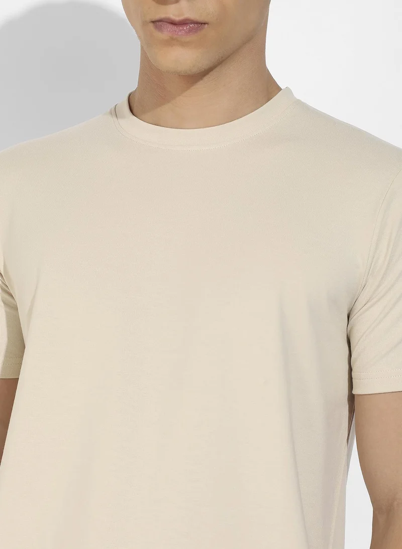 Campus Sutra Men's Beige Basic Regular Fit T-Shirt
