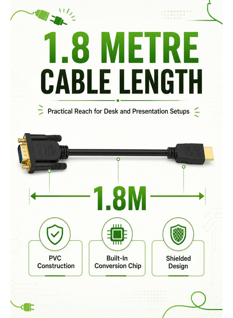فوجيشكا كابل FUJISHKA من HDMI إلى VGA بطول 1.8 متر، موصل HDMI (ذكر) إلى VGA (ذكر)، يدعم دقة 1080P وتردد 60 هرتز، كابل محول فيديو أحادي الاتجاه لأجهزة الكمبيوتر المحمول والمكتبي والشاشات وأجهزة العرض (البروجيكتور). - Image 3