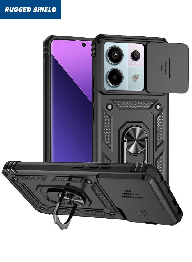 RUGGED SHIELD Redmi Note 13 Pro 5G / Xiaomi POCO X6 5G Case(Not 4G), Slide Camera Cover, Built-in 360° Rotate Ring Kickstand, Drop Proof Shockproof Test, Heavy Duty Shockproof Protective Case, Black